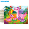 A colorful wooden jigsaw puzzle featuring pink and purple dinosaurs in a lush jungle setting.