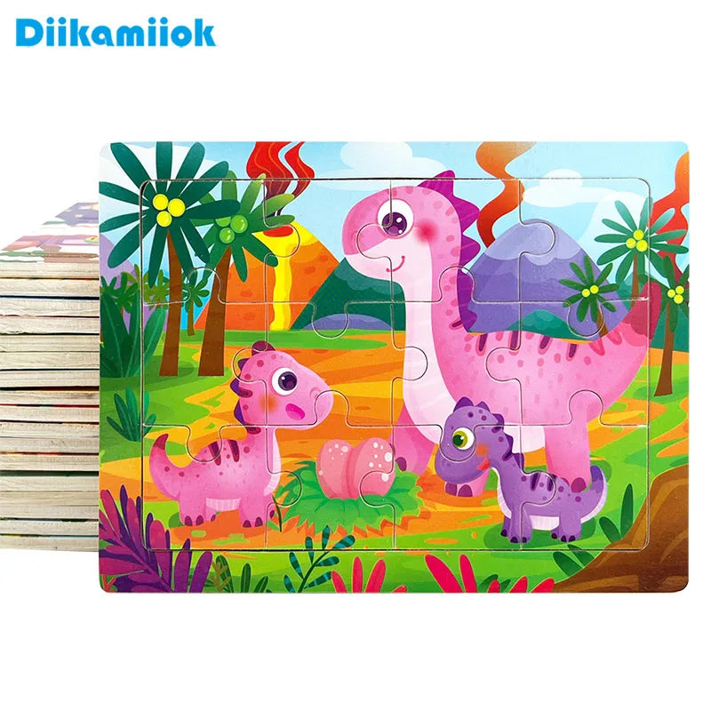 A colorful wooden jigsaw puzzle featuring pink and purple dinosaurs in a lush jungle setting.