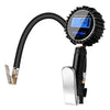 A black digital tire pressure gauge with an inflation gun and LCD display is shown, angled for use.