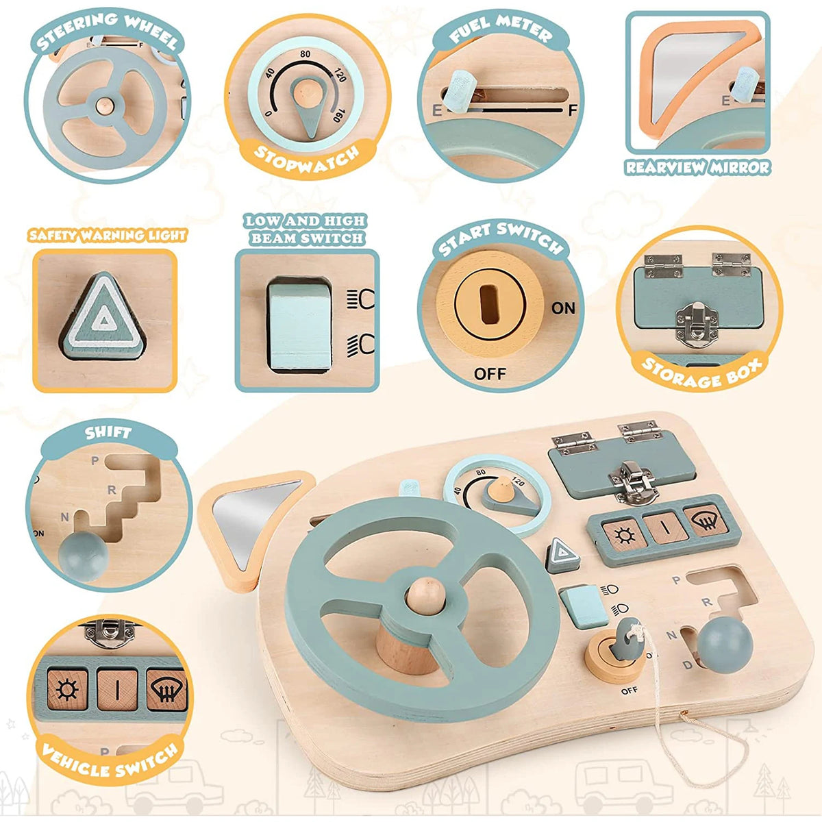 Wooden Steering Wheel Busy Board for Toddlers - Montessori Sensory Toy