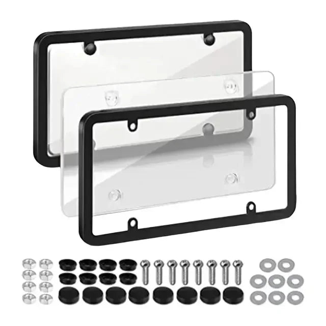 A set of tinted license plate protectors and mounting hardware for vehicle plates.