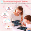 A girl is using an LCD writing tablet for kids to practice counting, drawing, writing, and spelling.