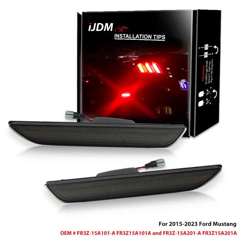 LED rear side marker lights for 2015-2023 Ford Mustang shown in packaging and installed form.
