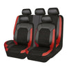 Black PU leather car seat covers with red accents shown from the back.
