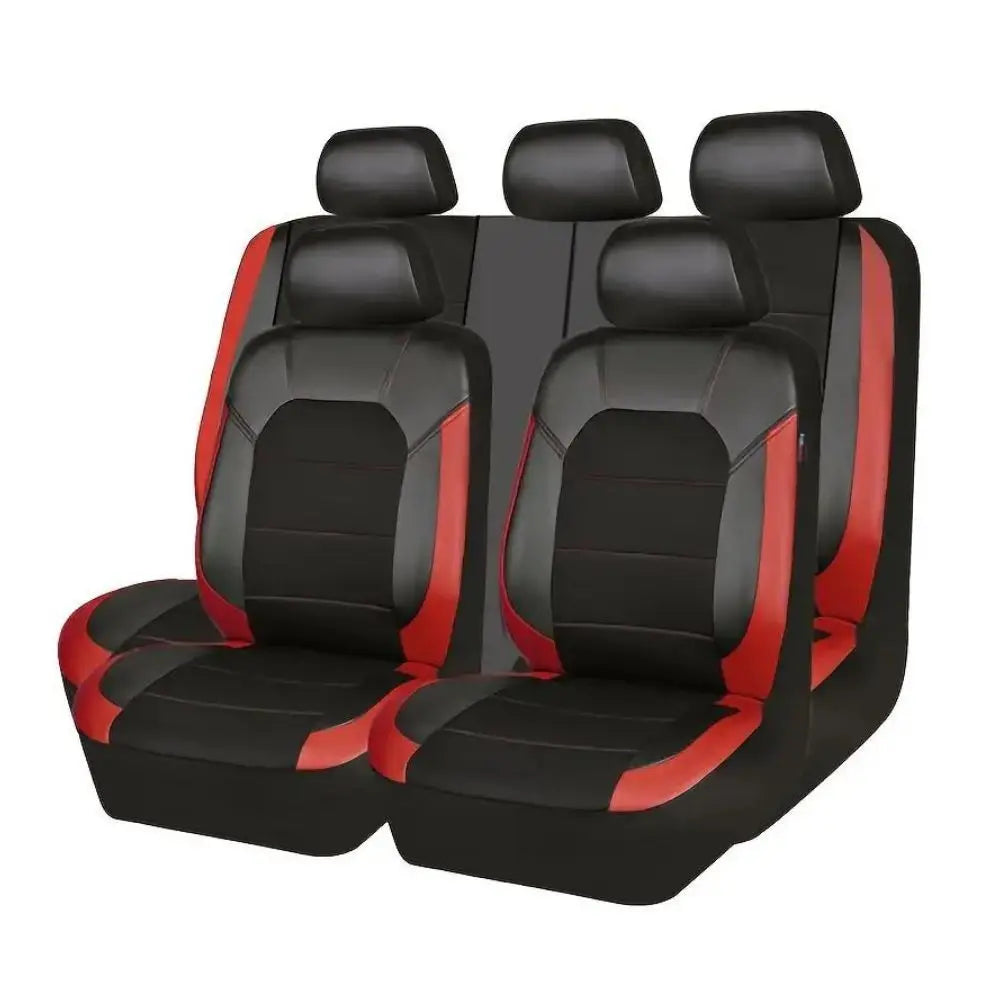 Black PU leather car seat covers with red accents shown from the back.