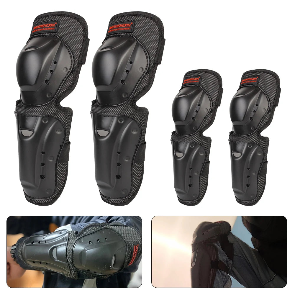 Set of black impact-resistant motorcycle knee and elbow protective pads shown in various angles.