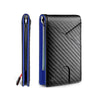 A black slim wallet with a carbon fiber texture and blue accents, shown open to display the card slots.