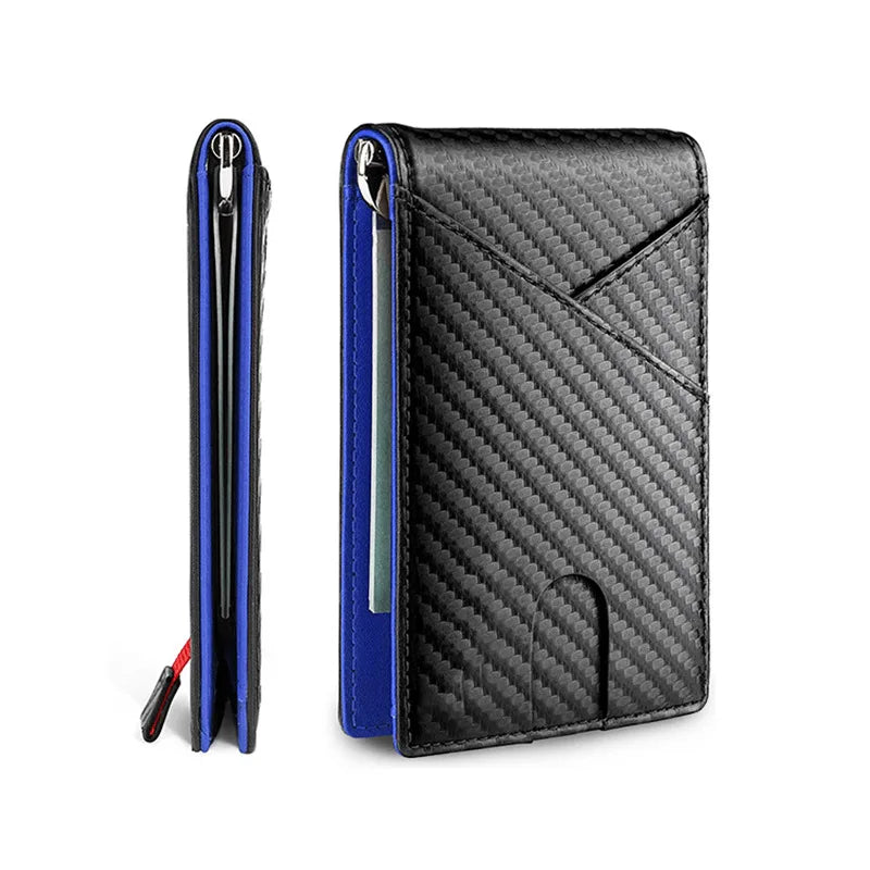 A black slim wallet with a carbon fiber texture and blue accents, shown open to display the card slots.