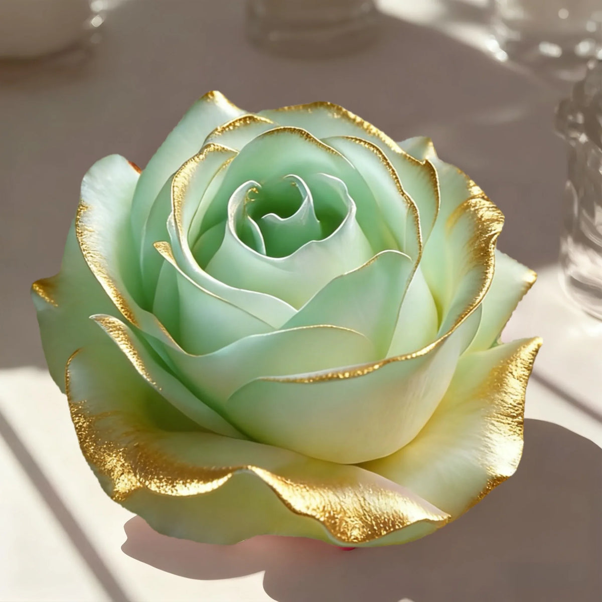 A pale green lotus flower silicone mold with gold leaf accents, shown in a close-up on a white surface.