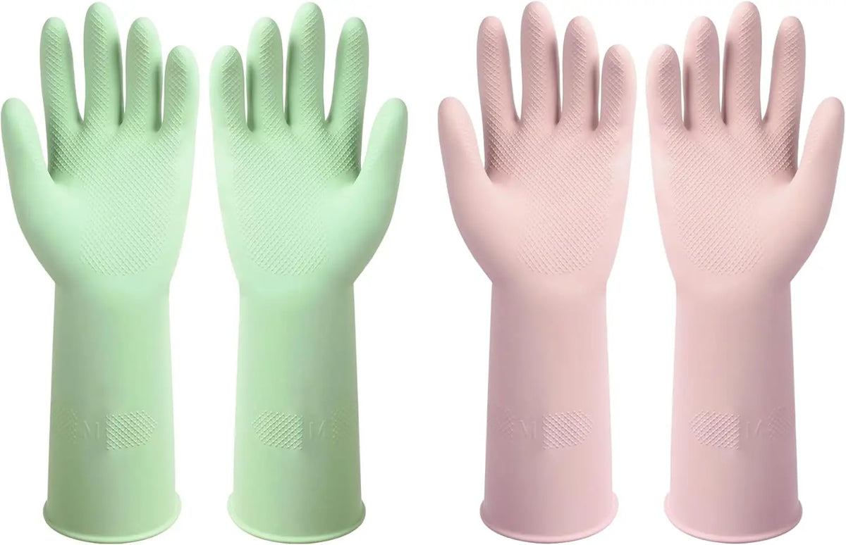 Two pairs of reusable non-slip dishwashing rubber gloves in light green and pink.