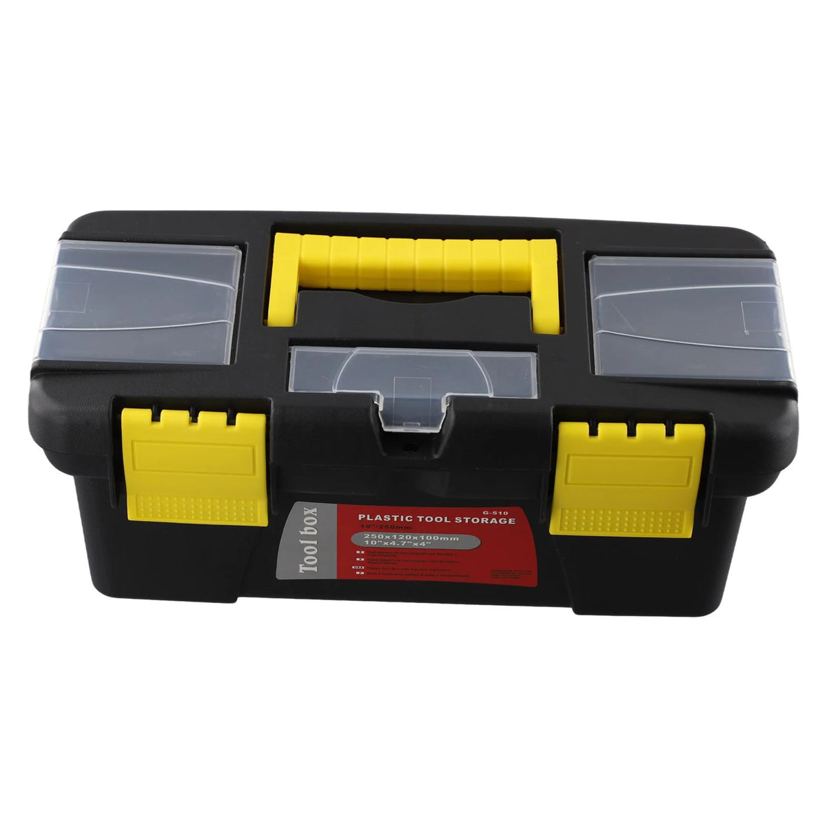 Black plastic toolbox with yellow latches and clear plastic compartments for tool storage