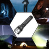 A high-power rechargeable LED flashlight with a digital display is shown in various contexts, including outdoor and indoor sc