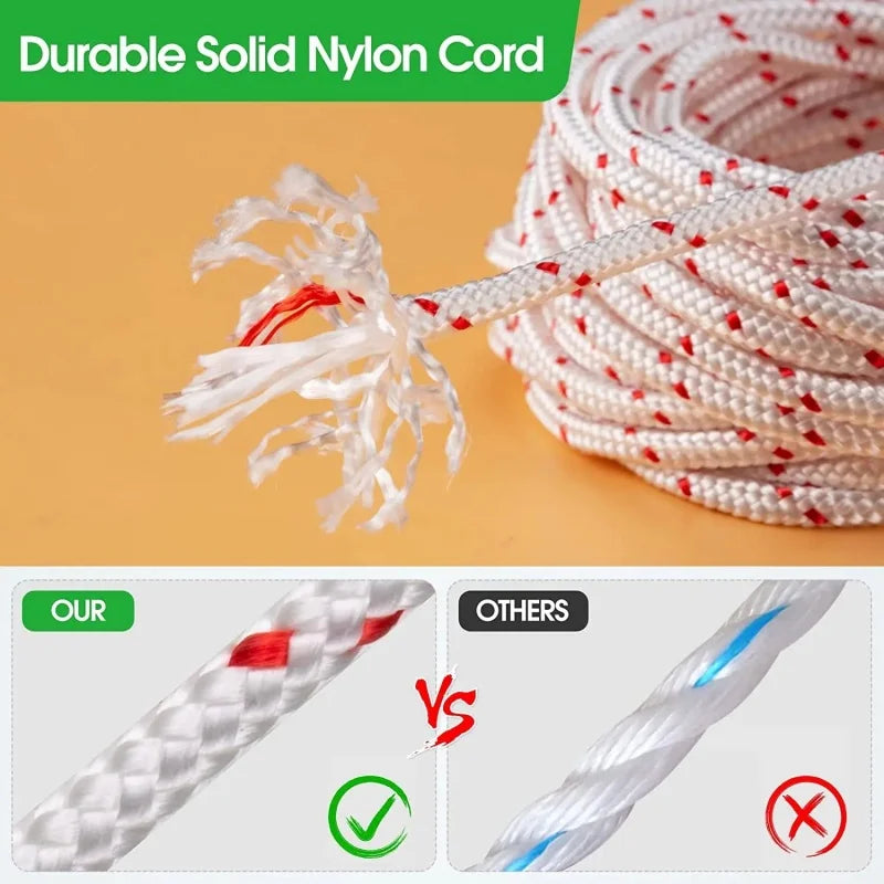 A close-up of a durable solid nylon cord used as a recoil starter rope for chainsaws and trimmers.