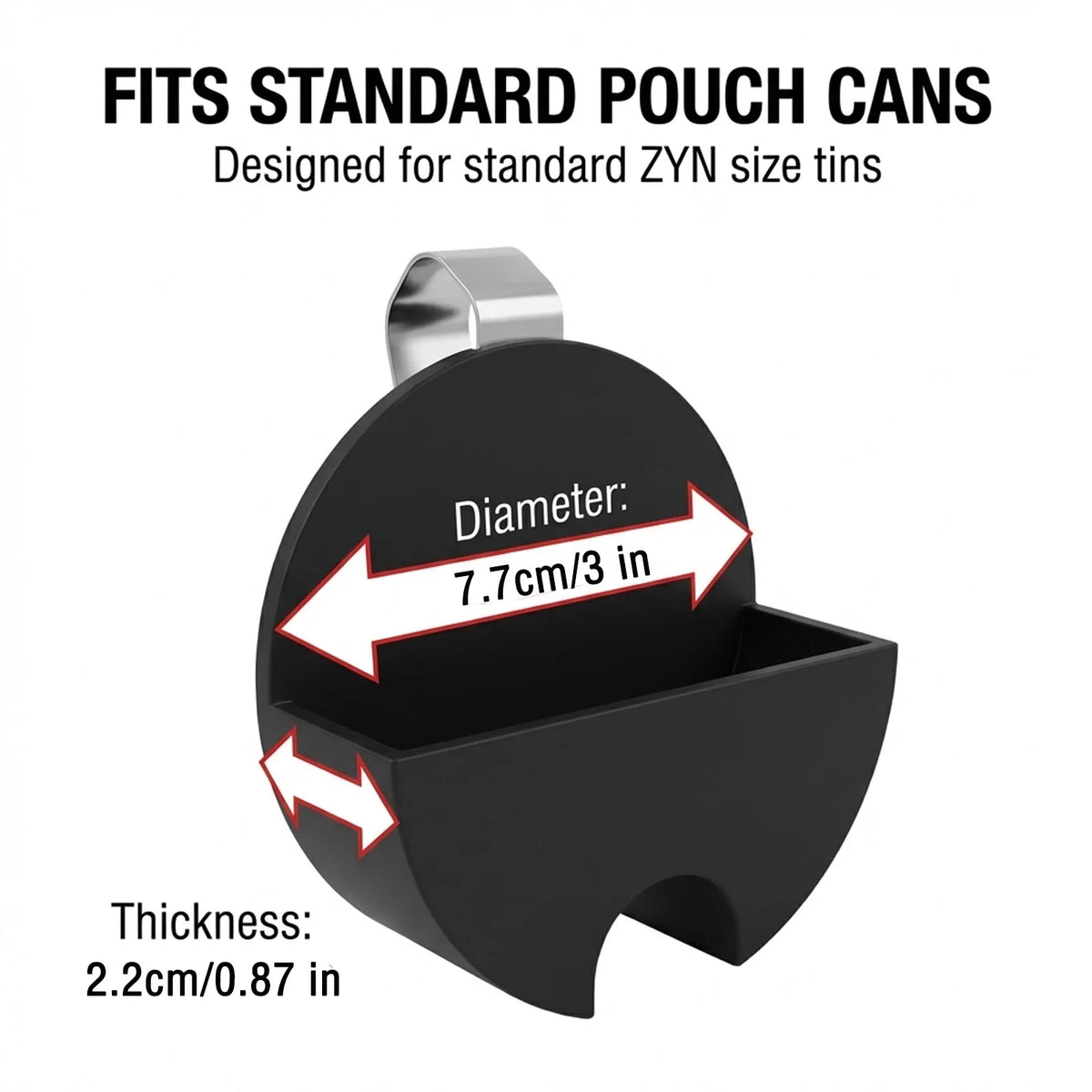 Black pouch can holder designed for standard ZYN size tins with a belt clip.