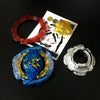 A collection of metal battle spinning tops, including a red ring, a yellow sphere, and a blue top with gold accents.