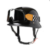 Black lightweight half helmet with an orange and black checkered strap and integrated goggles