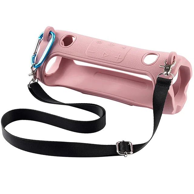 Pink silicone protective case for a JBL Charge 6 speaker with a black strap.