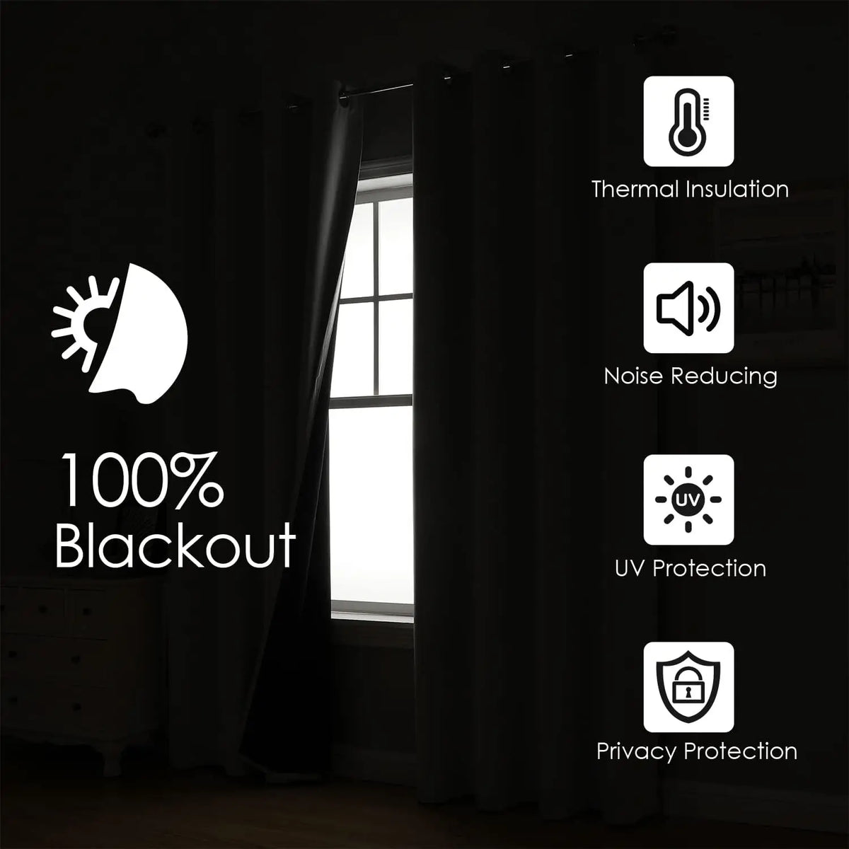 A set of black blackout curtain panels with various protection features listed on the right side.