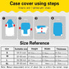 Four steps illustrating how to use a case cover for luggage, showing size reference charts.