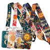 A collection of colorful lanyards featuring celestial sun and moon designs for ID badge holders.