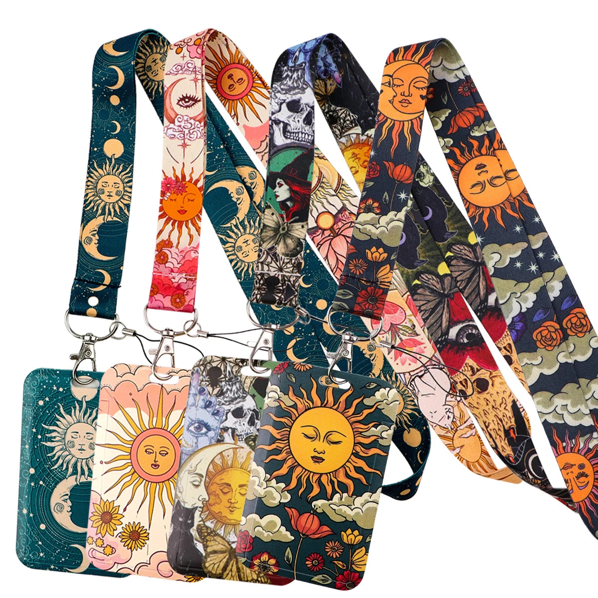 A collection of colorful lanyards featuring celestial sun and moon designs for ID badge holders.