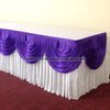 Elegant ice silk table skirt with matching top swag in purple and white.