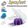 Two sets of mesh laundry bags and a purple baseball cap protector are shown for hat washing.
