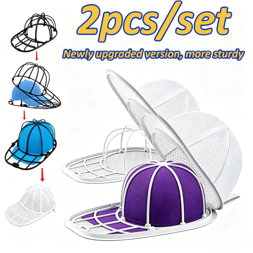 Two sets of mesh laundry bags and a purple baseball cap protector are shown for hat washing.