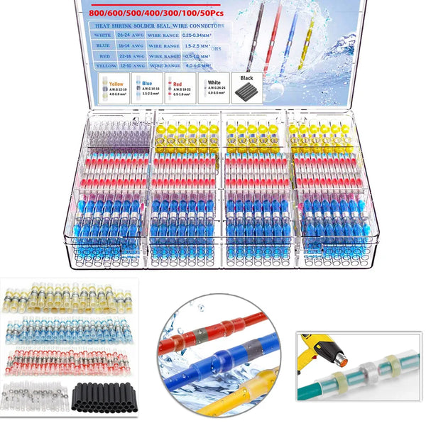 A kit of 800/600/500/400/300/100/50Pcs heat shrink solder wire connectors in various colors stored in a plastic case.