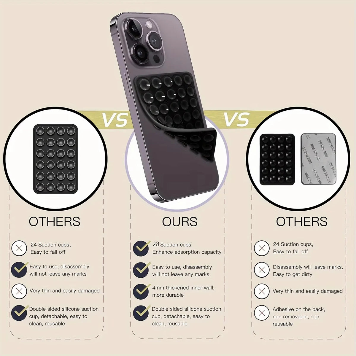Comparison chart showing features of a silicone suction cup phone mount versus other products.