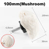 A white mushroom-shaped cotton buffing wheel with a 6.35mm shank shown in various views.