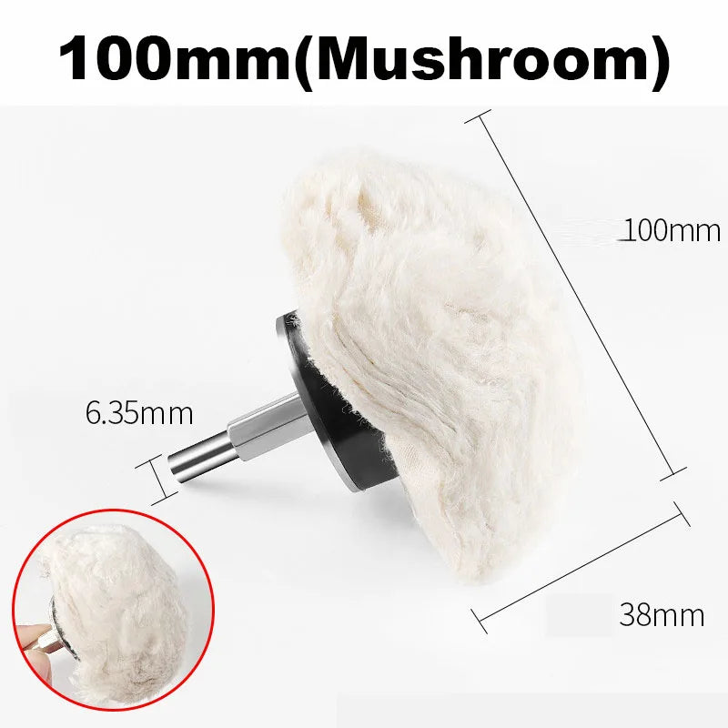 A white mushroom-shaped cotton buffing wheel with a 6.35mm shank shown in various views.
