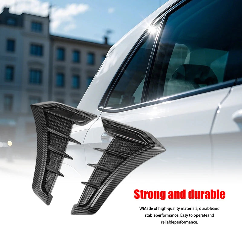 Close-up of black TPU side vent covers installed on a white car, highlighting their durable and strong design.