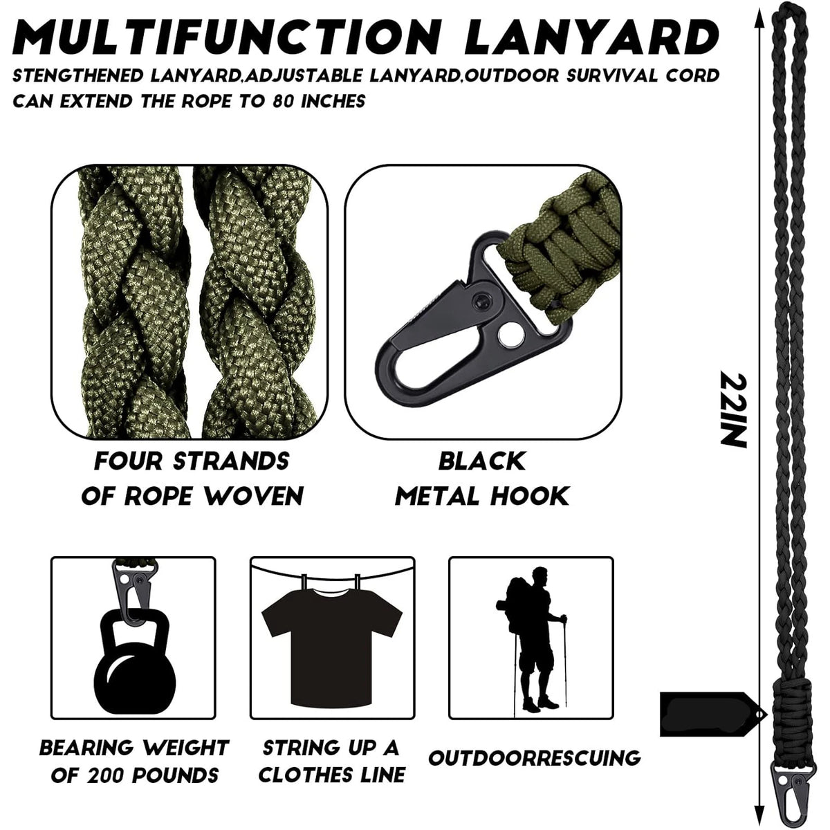A black metal hook lanyard for outdoor survival cord with four strands of rope woven.