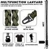 A black multifunction lanyard made of four strands of rope woven with a black metal hook and designed for outdoor survival co