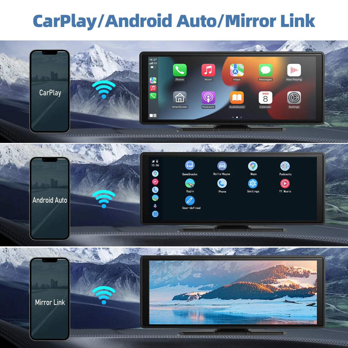 A display showing CarPlay, Android Auto, and Mirror Link features on a portable screen in a car context.