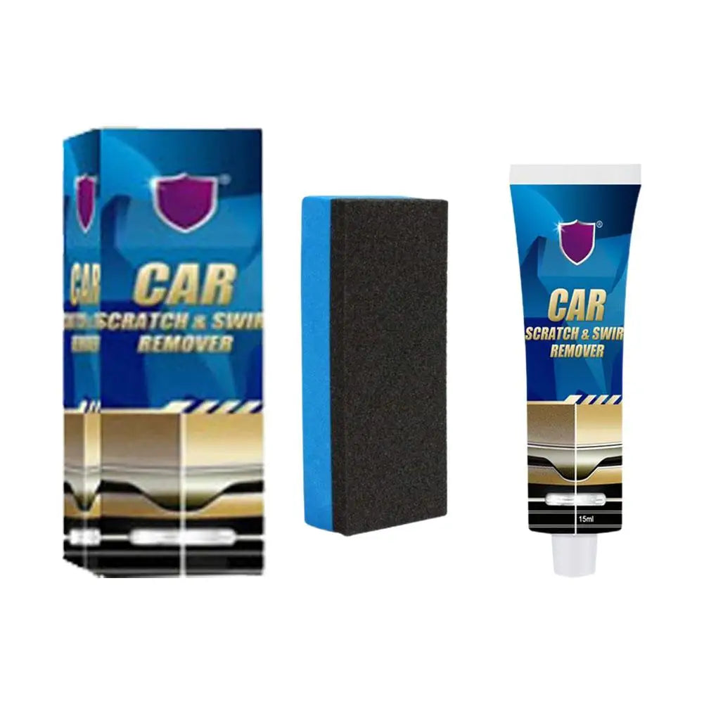 A tube of Car Scratch & Swirl Remover and a black foam applicator are shown.