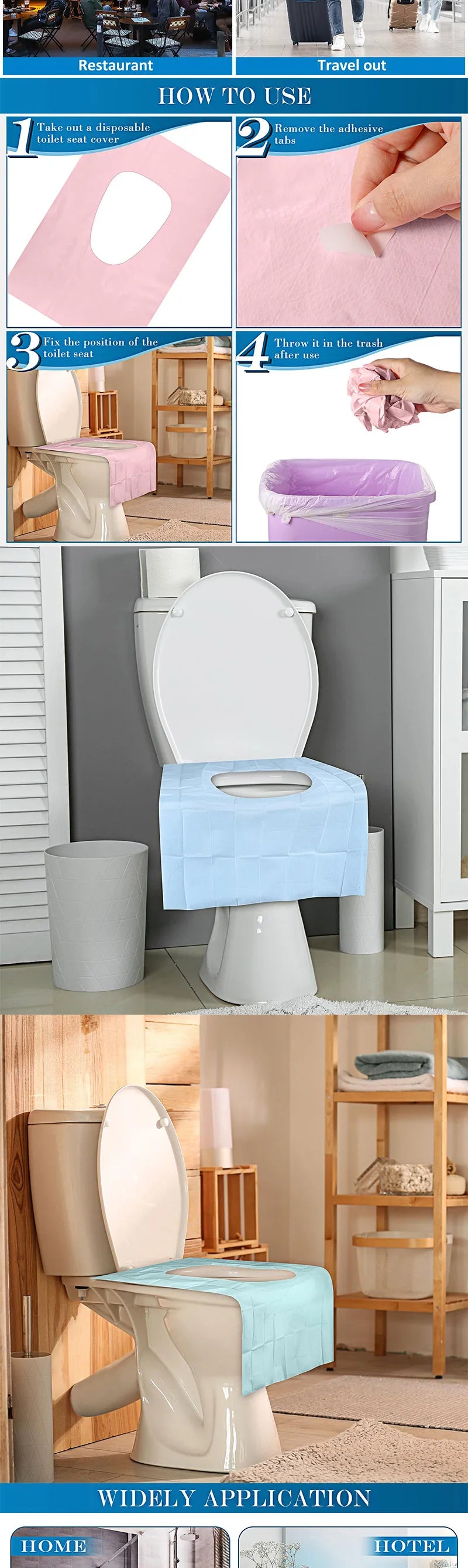A set of disposable toilet seat covers in pink and blue for travel and everyday use.