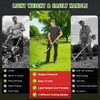 A set of cordless electric lawn mower and string trimmer tools shown in various contexts demonstrating features like battery 