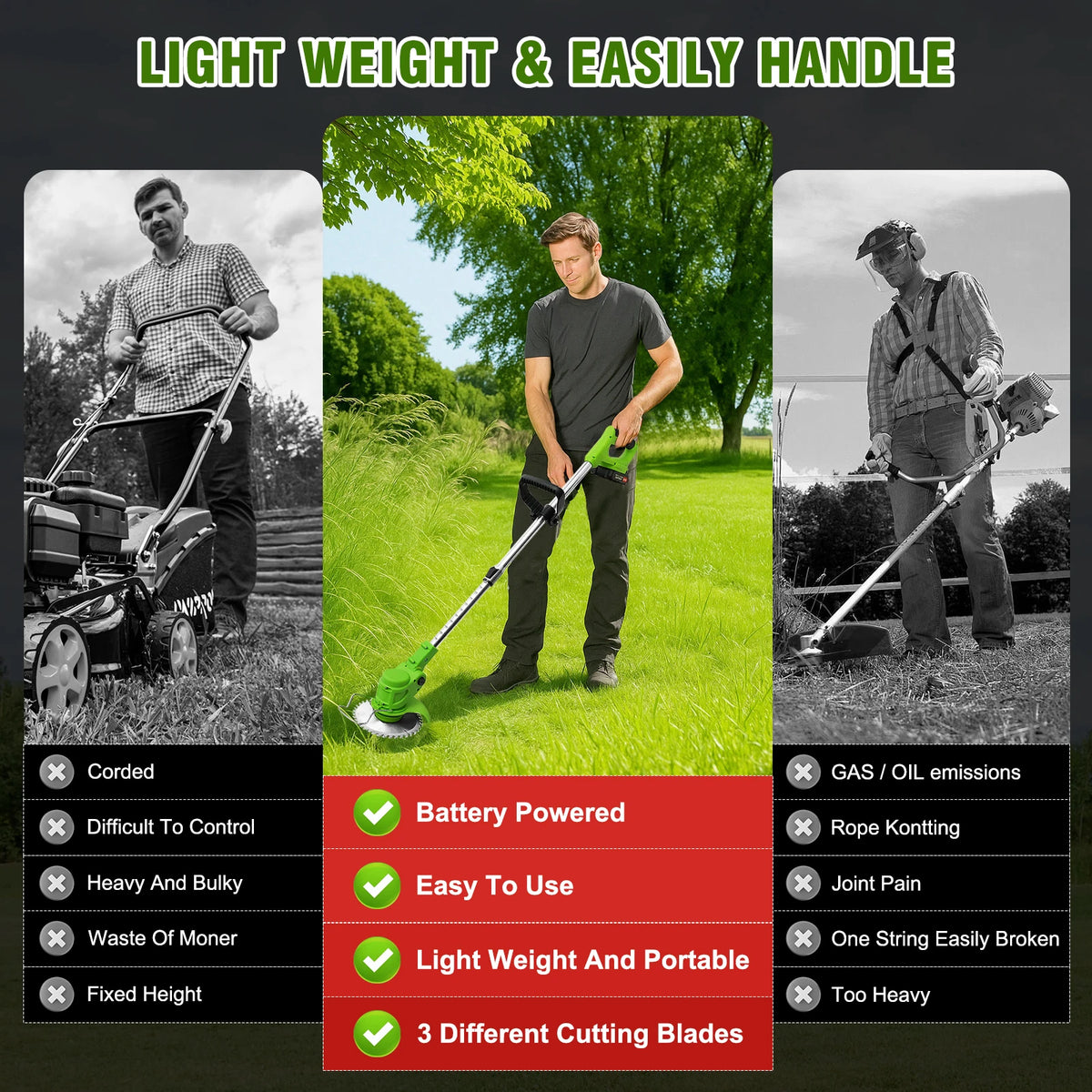 A set of cordless electric lawn mower and string trimmer tools shown in various contexts demonstrating features like battery 