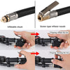 Close-up views of an inflatable chuck and screw-type inflator nozzle used for tire inflation.