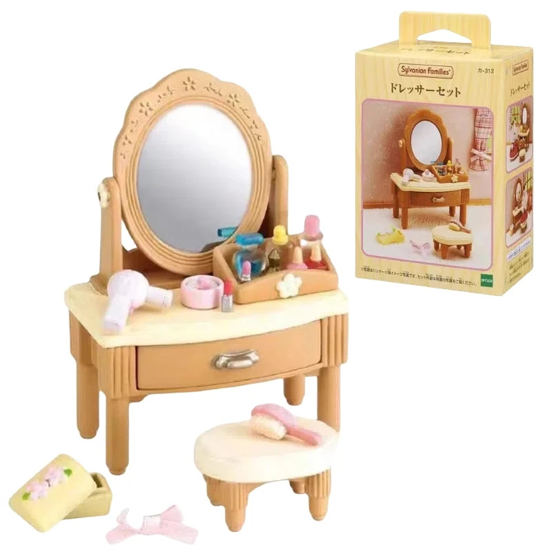 A Sylvanian Families dress-up set featuring a wooden vanity table, mirror, and various accessories.
