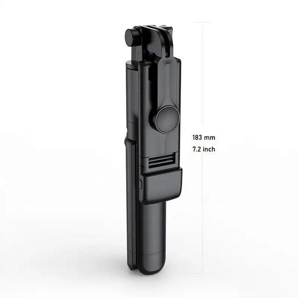 Schwarzes, auslegbares, tragbares Stativ mit integrierter Bluetooth-Fernbedienung.