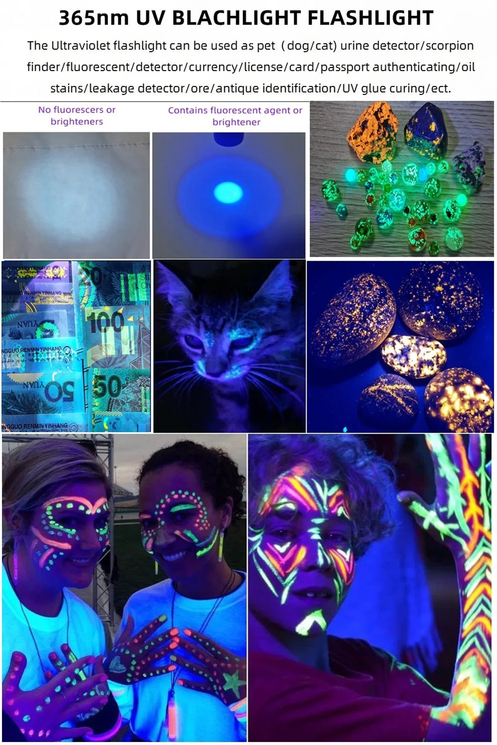 A collection of UV flashlight images showing detection of stains on pets, including cats and various surfaces.