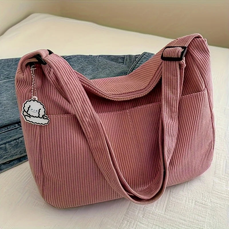 Women's Corduroy Shoulder Bag with Zipper Closure