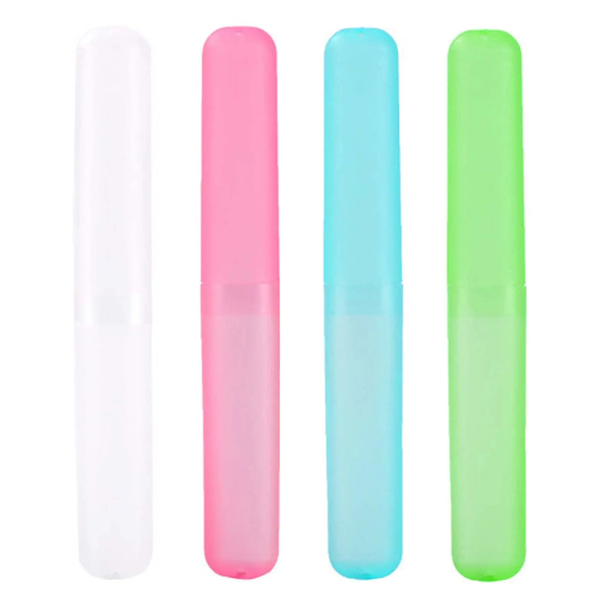 Three clear and colored travel toothbrush cases in white, pink, and light blue.