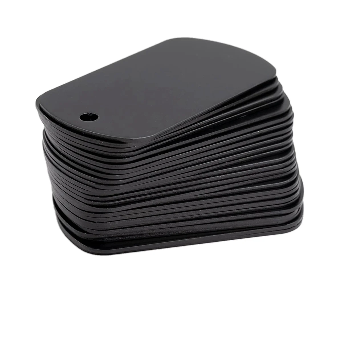 A stack of 50 black aluminum stamping blanks for DIY engraving dog tags.