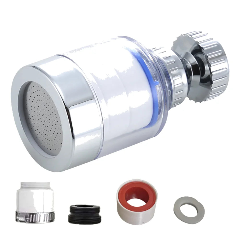 A chrome kitchen faucet water filter assembly with a rotating head and splash guard, shown alongside separate components.