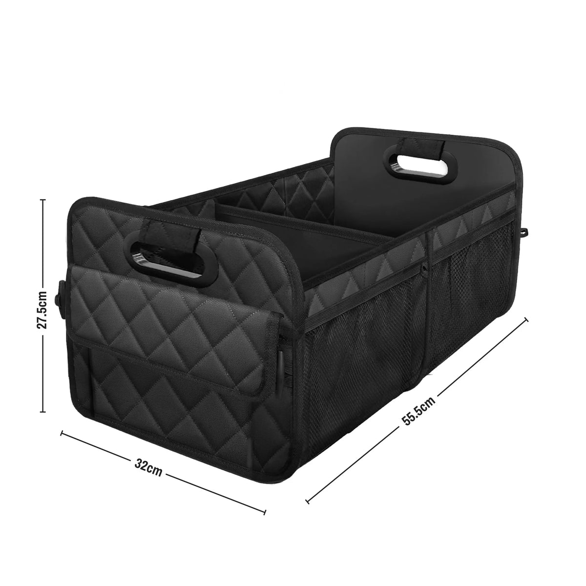 Black foldable waterproof car trunk organizer with six pockets shown from above.
