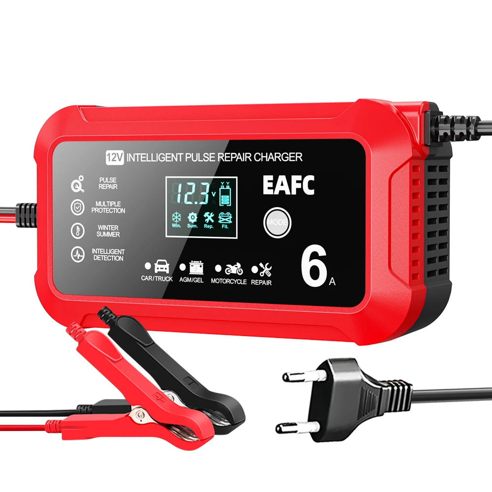 Red 12V intelligent pulse repair charger with LCD display and clamp for car or truck battery repair